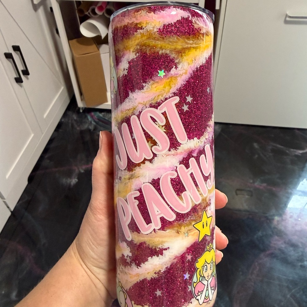 Just Peachy Glitter Tumbler Handmade Mario Cup